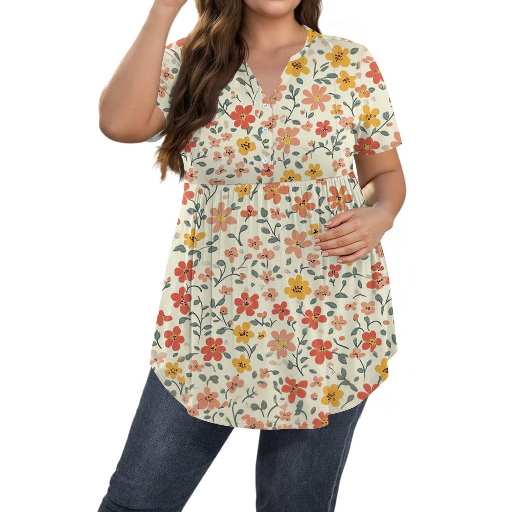 Dame Print Stor Størrelse V-hals Knapp-opp Topp Casual Kortermet Vid Topp