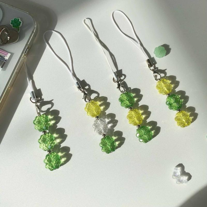 Handmade Beaded Phone Chain Crystal Four Leaf Clovers Cellphone Charm Colorful Keyring Pendant Bag Accessory for Bag Key