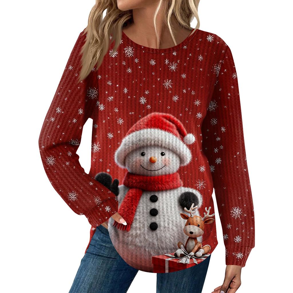 Dámská móda Ležérní Volný Top s kulatým výstřihem a dlouhým rukávem s vánočním potiskem