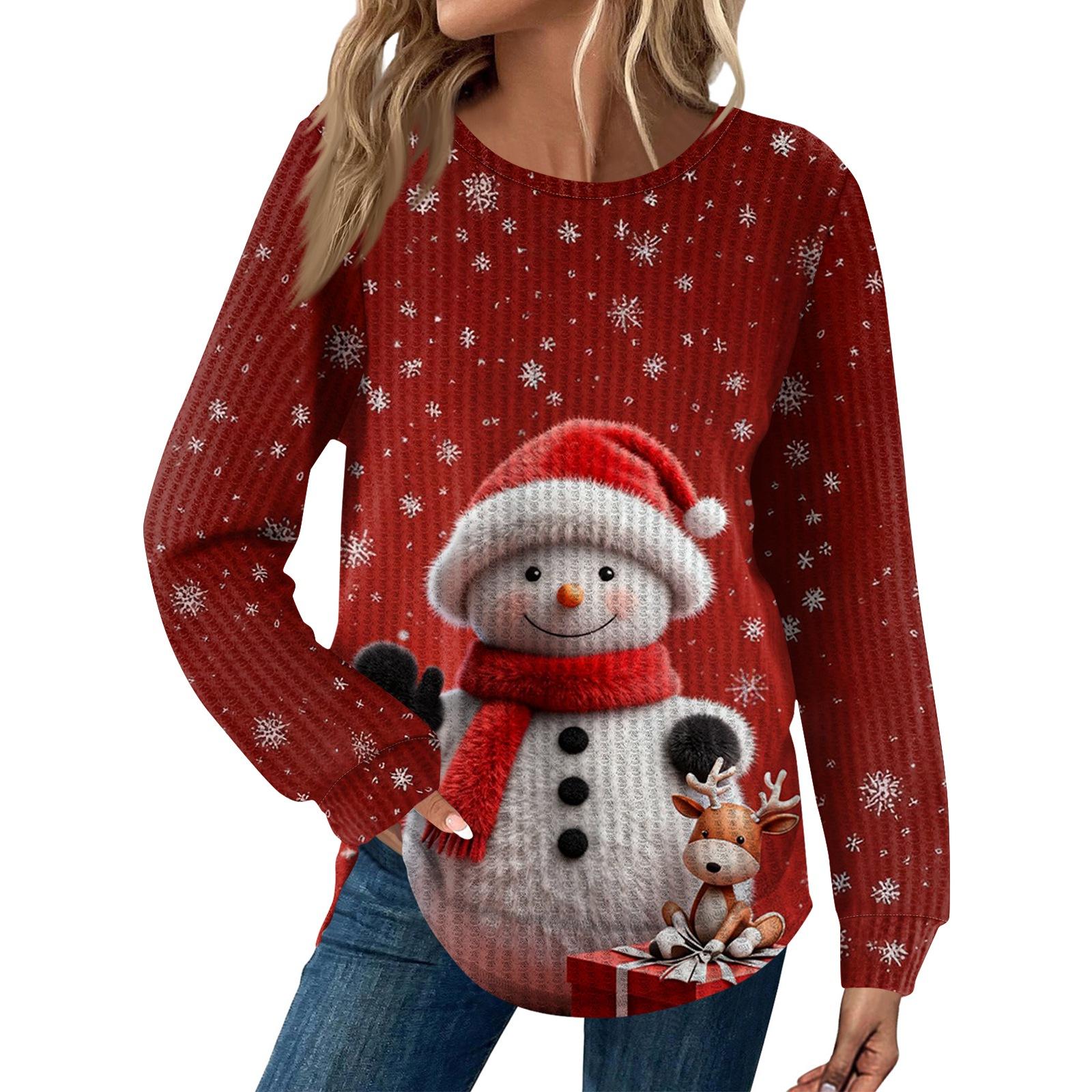 

Жіноча модна повсякденна вільна футболка з круглим вирізом і довгим рукавом з різдвяним принтом L світло-синій колір