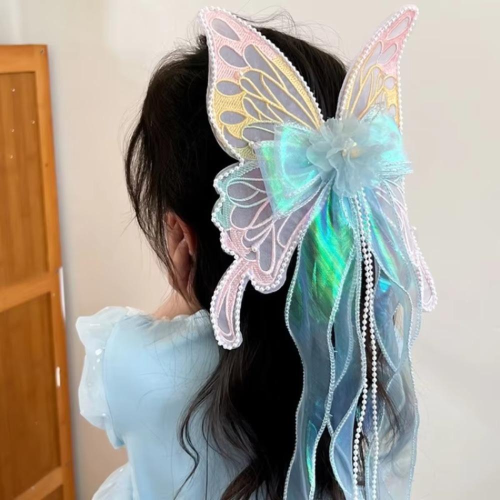 New Big Butterfly Bow Clip Ribbons Metal Spring Buckle Hair Clip Long Tail Princess Style Woven Hair Strap Girl