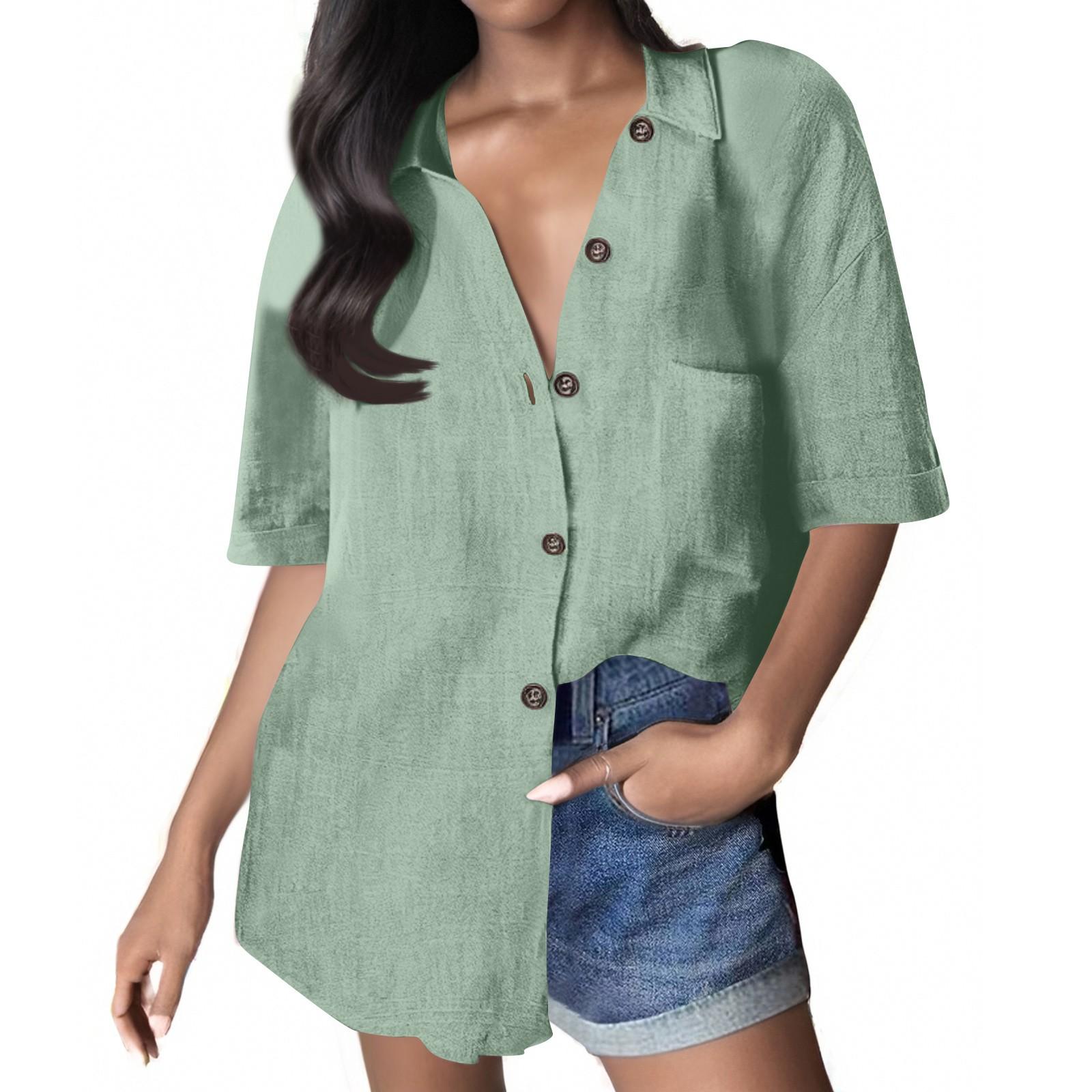 

Жіноча однотонна бавовняно-лляна сорочка на ґудзиках з коротким рукавом, вільного крою, повсякденна, робоча сорочка з кишенею XXL