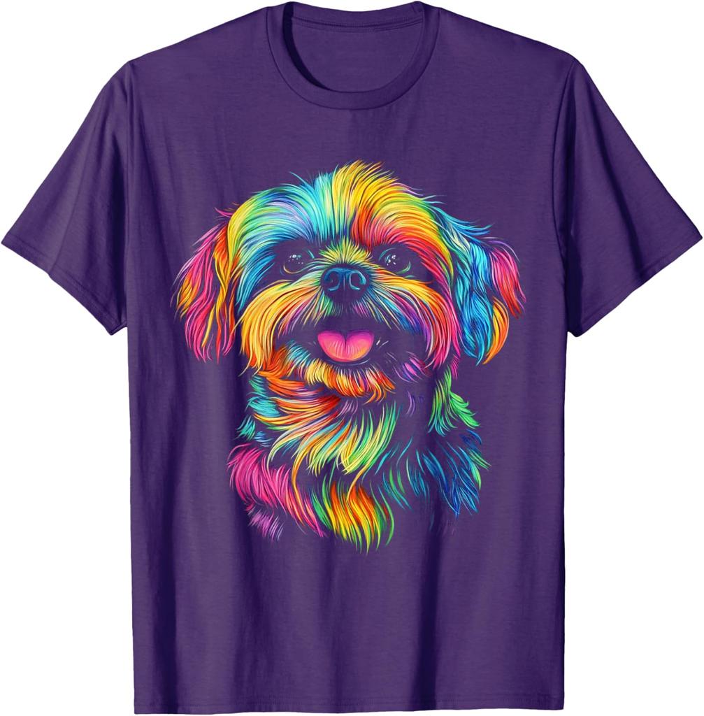 Rainbow Shih Tzu Dog Pop Art Print Casual Cotton Crew Neck Short Sleeve T-Shirt for Men