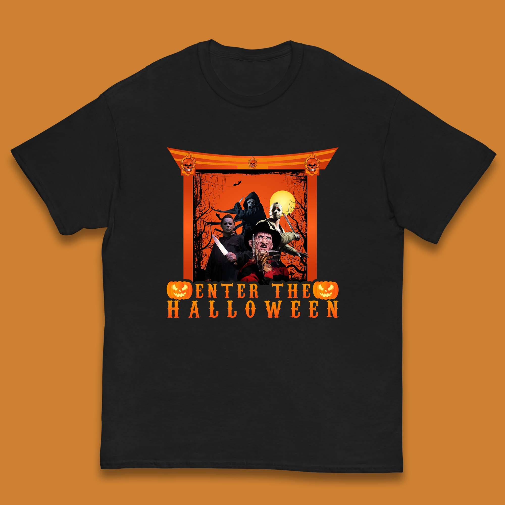 Enter The Halloween Horror Movie Characters Friends Halloween Villians Serial Killers Kids T Shirt 100
