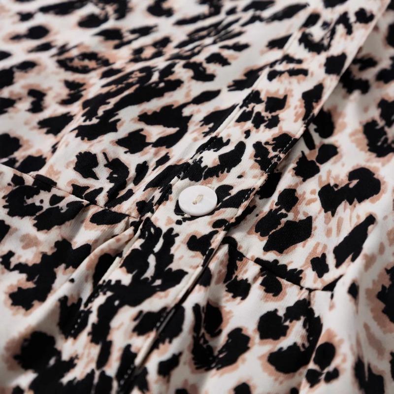 Spring and Autumn Leopard Print Long Women's Fashion Loose V-neck Button Dress