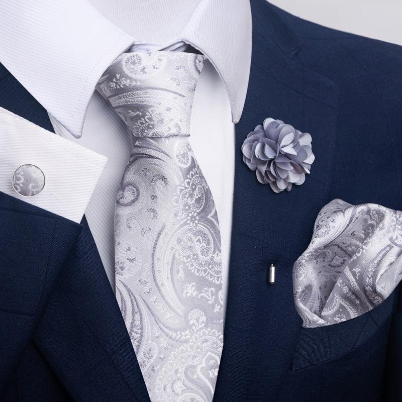 Men 8cm Wide Silk Wed Neck Tie Cufflinks Brooch Pin Handkerchief Business Wedding Party Suits Groom Accessories Gift