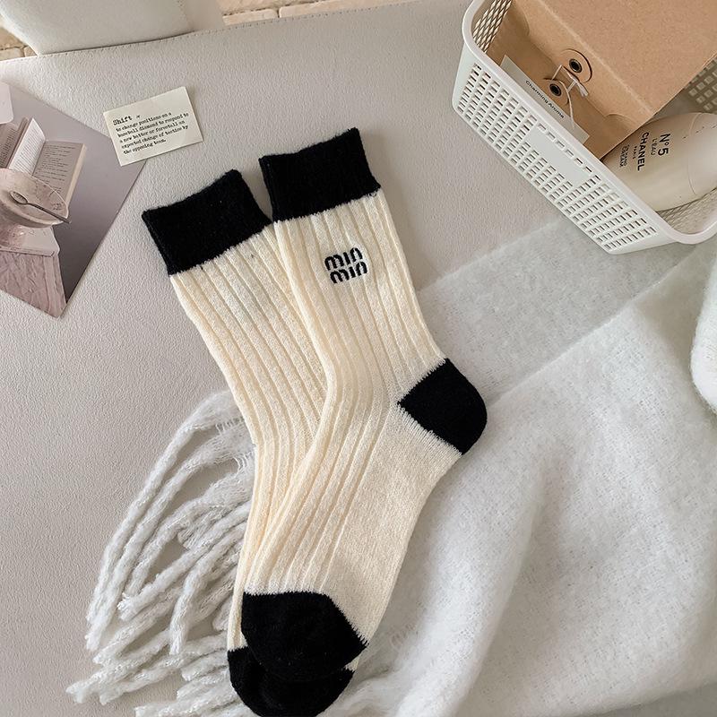 MIU Women's Wool Embroidered Mid-Calf Socks, Trendy Warm Slouch Socks for Autumn/Winter, Postpartum Friendly.