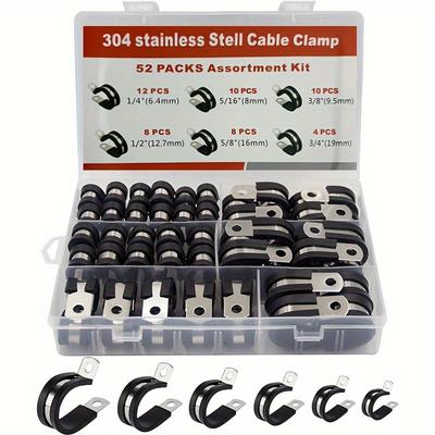 52pcs 304 Stainless Steel Cable Clamp Assortment Kit,Durable Rubber Cushion Pipe Clamps with Secure Storage Case for Plumbing & Electrical Connections