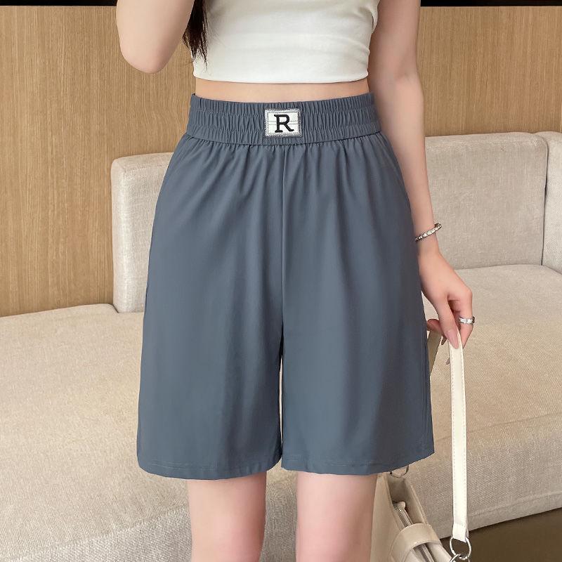 

Летние шорты с высокой талией из ледяного шелка: Легкий, Эластичный, Свободный крой, Прямые штанины, Пятиточечный Повседневный Спорт для Женщин S синий