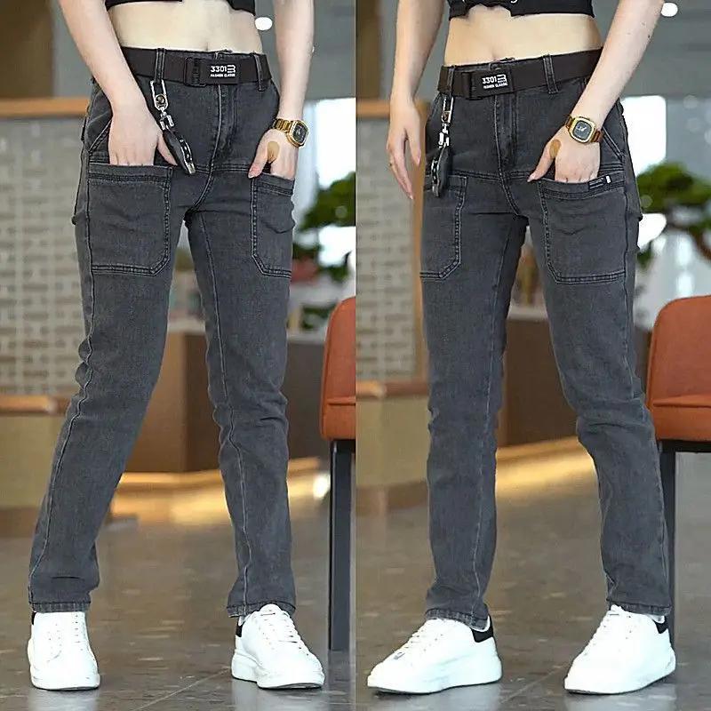 Korea Mode Männer Jeans Fracht Denim Hosen Casual Blau Grau Tasche Denim Hosen Gerade Jean Frauen Streetwear