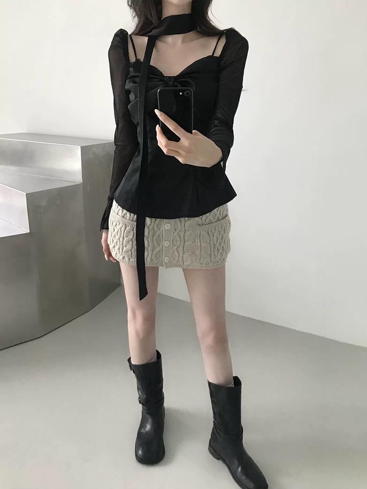 Spring 2026 Women's Slim French Bow Satin Bandeau Chiffon Shirt