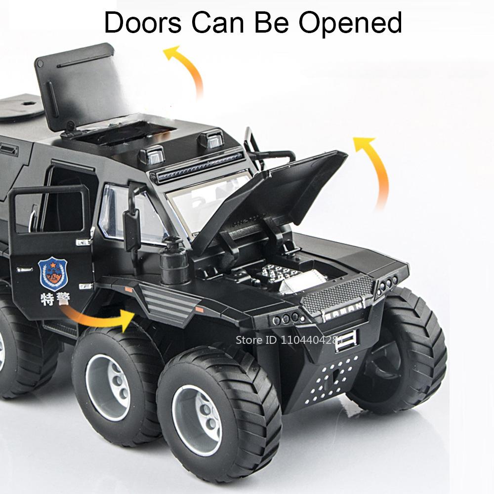 1:24 Shaman Armored Police Car Alloy Diecast Model Toy Car Doors Opened Sound Light Pull Back Miniature Vehice Boy Birthday Gift