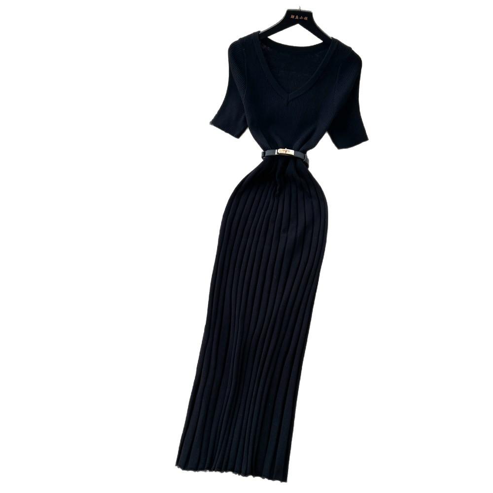 V-neck Knitted Dress Women's Summer Waist Slim-fitting Hip-wrapped Long Dress Commuter Elegant Temperament Skirt