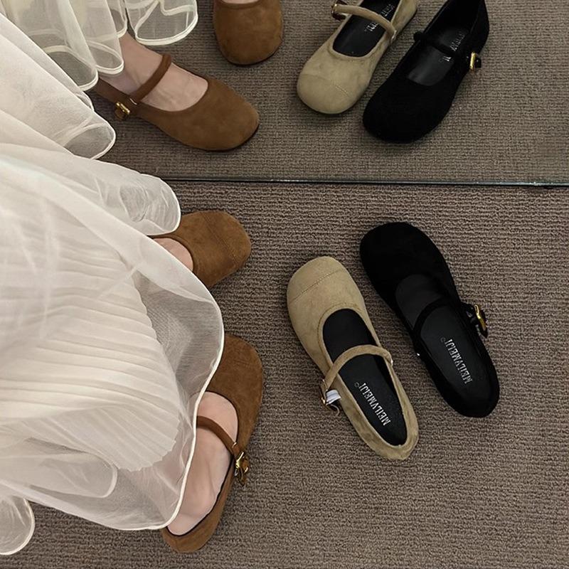 Spring new suede fairy with skirt shallow mouth single shoes retro round head flat bottom buckle temperament women's shoes