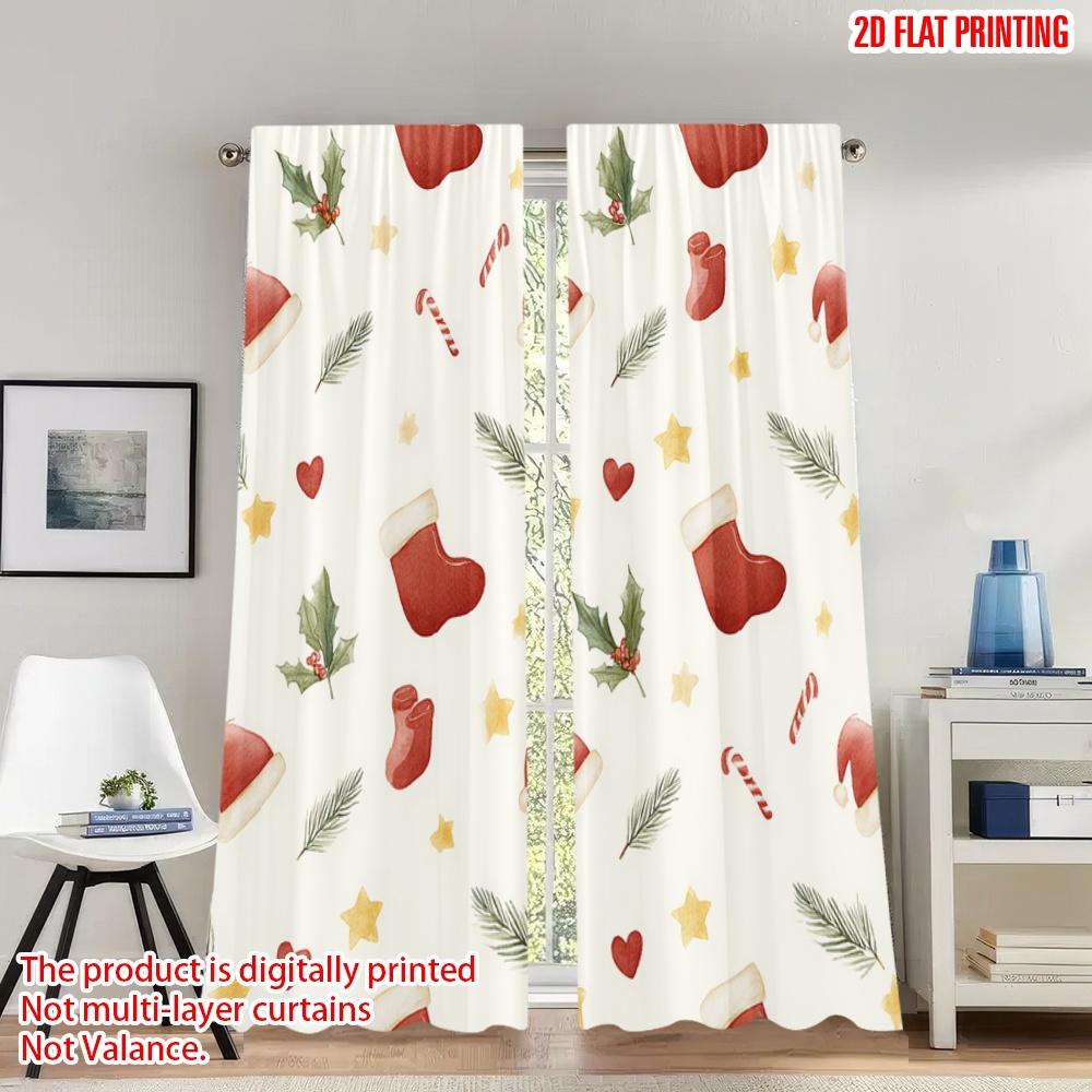 

Flat Printing Happy Christmas Fashion Curtains Hats Stockings Stars Digital Printed Polyester Drapes Party Curtain Set Of 2 Made Washable W100*H70(CM)-Rod Pocket&1PCS