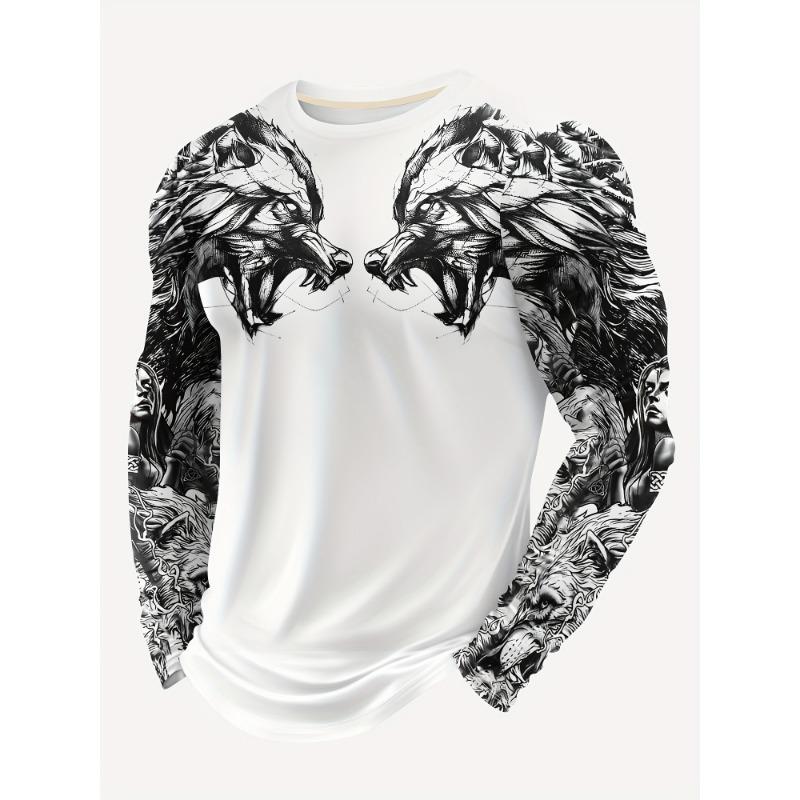 Pánské tričko s dlouhým rukávem a kulatým výstřihem s volným vzorem vlka, ležérní a pohodlné