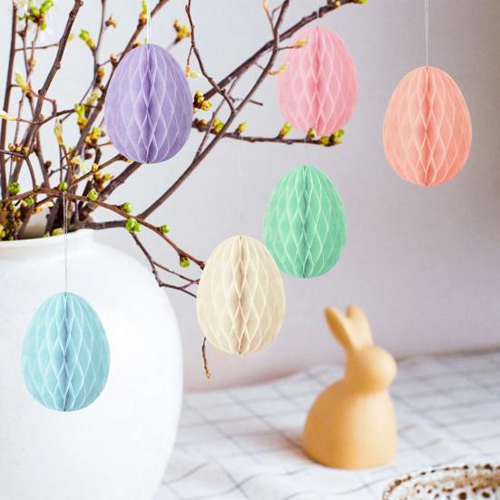 6 Pcs Easter Egg Paper Ornaments 3D Colorful Honeycomb Easter Egg Ball Ornament for Kindergarden Shoping Mall Classroom Tree Decoration