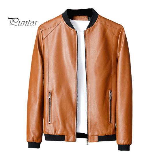 

Мужская куртка из искусственной кожи с воротником-стойкой и длинными рукавами, с карманами, однотонная мотоциклетная куртка с эластичным подолом M коричневый