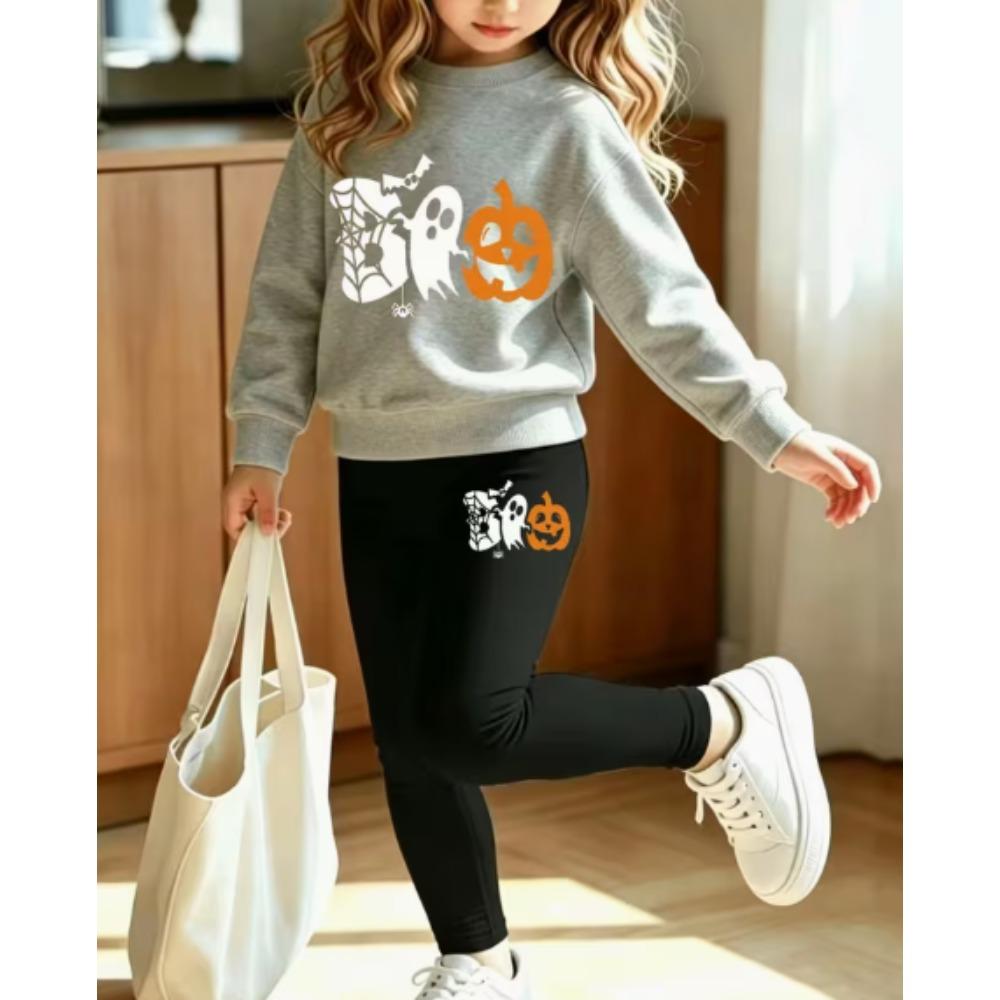 Girls' Halloween Pumpkin Casual Comfortable Soft Loose Pullover Sweatshirt and Leggings 2-Piece Set, New Autumn/Winter, Playful, Sweet and Cool Style