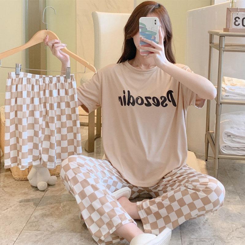 3PCS/Set Sexy Nightwear Women Letters Plaid Print Silk Pajamas Girl Sleepwear Round Neck Loungewear Ladies Casual Soft Home Wear
