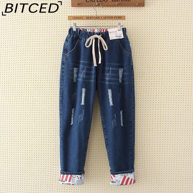 

BITCED Летняя женская одежда больших размеров, облегающие, со шнуровкой, рваные джинсы и узкие брюки длиной девять дюймов в тренде XXXXXL темно-синий