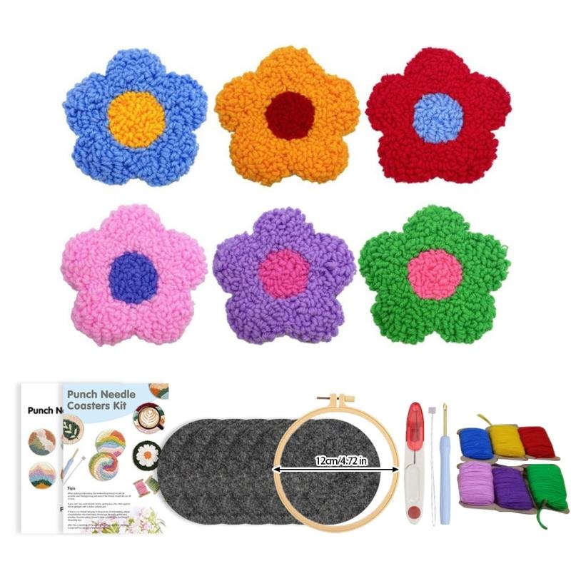 Florals Punch Needle Craft Set Includes 6 Colorful Coasters Designs With Acrylic Thread and Full Supplies