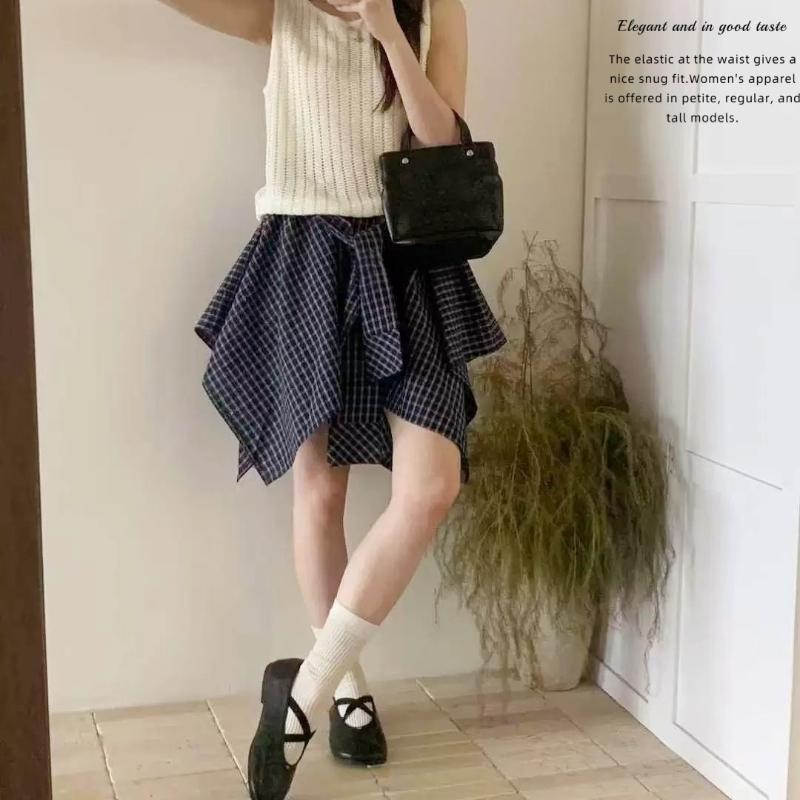 Korean Style Casual Sporty Versatile Tie Waist Plaid Skirt Summer Hot Girl Style Irregular Design Women's Skirt