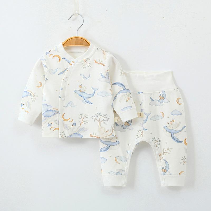 Spring & Autumn Pure Cotton Baby Underwear Set - High Waist Belly Protection Top & Trousers, Tagless for Newborns