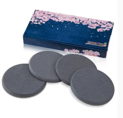 Oranžiniai diatomito padėkliukai, originali dėžutė, sertifikuota be asbesto, vandenį sugeriantys, drėgmę kontroliuojantys, gilios pilkos spalvos, apvalūs, 4 vnt. rinkinys,