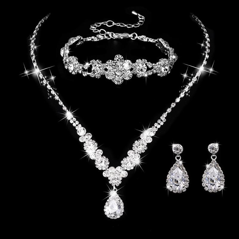 Three-Piece Rhinestone Zircon Bridal Jewelry Set: Tear Drop Necklace, Earrings & Bracelet