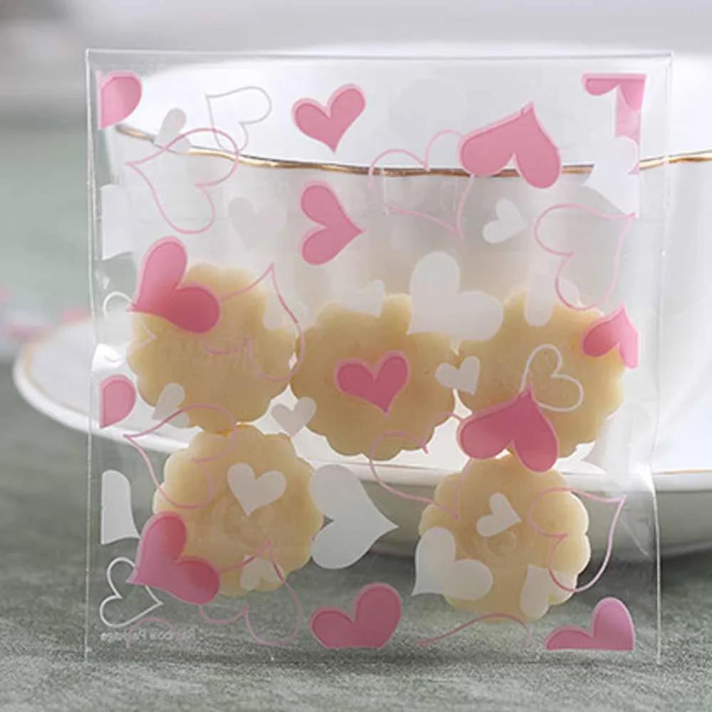 100 Pcs/set Cute Heart Printed Gift Packing Bags Baking Biscuit Food Candy Mini Packaging Bags