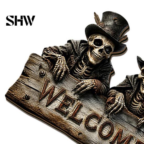 Handmade Retro Wood Craft Halloween Wooden Welcome Hanging Sign, Vintage Farmhouse Door Hanger with Skeleton Pumpkin Rustic Holiday Sign Ghost,