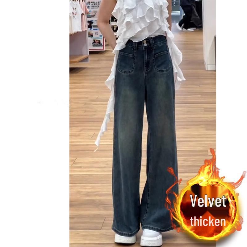 Women's Plus Size Fleece-Lined Micro-Flared Jeans, 2024 Autumn/Winter, Slimming, Straight-Leg Wide-Leg Style.