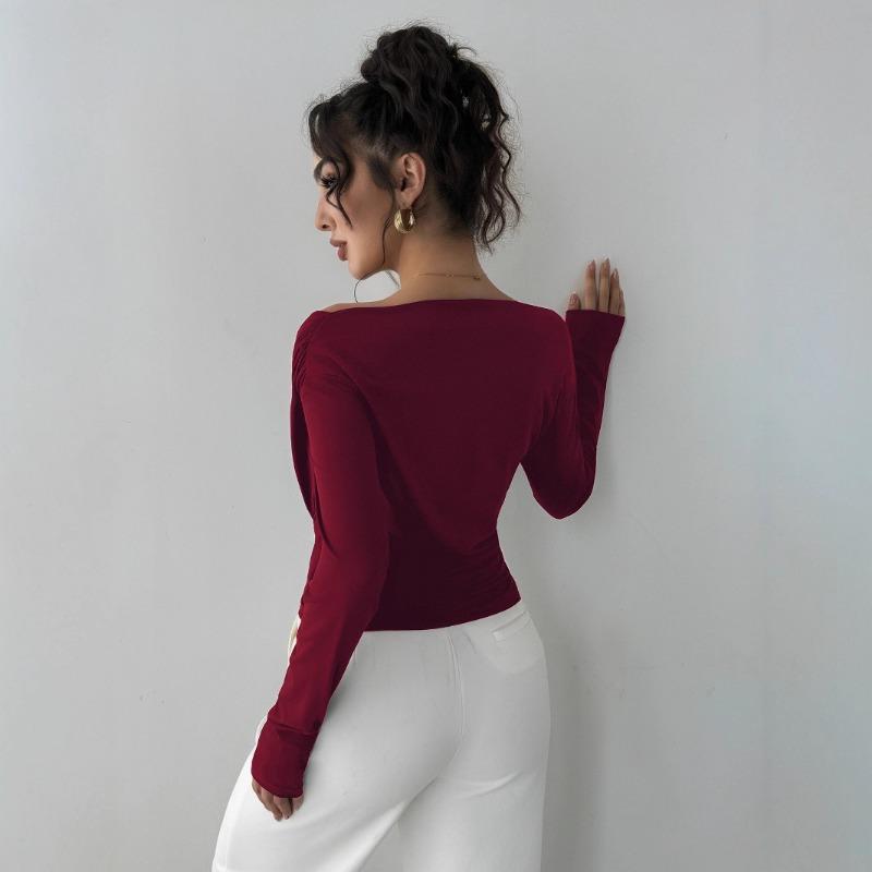 2025 Autumn Winter New Solid Color Fashion Off-shoulder Collar Slim Long Sleeves Versatile Commuter Top