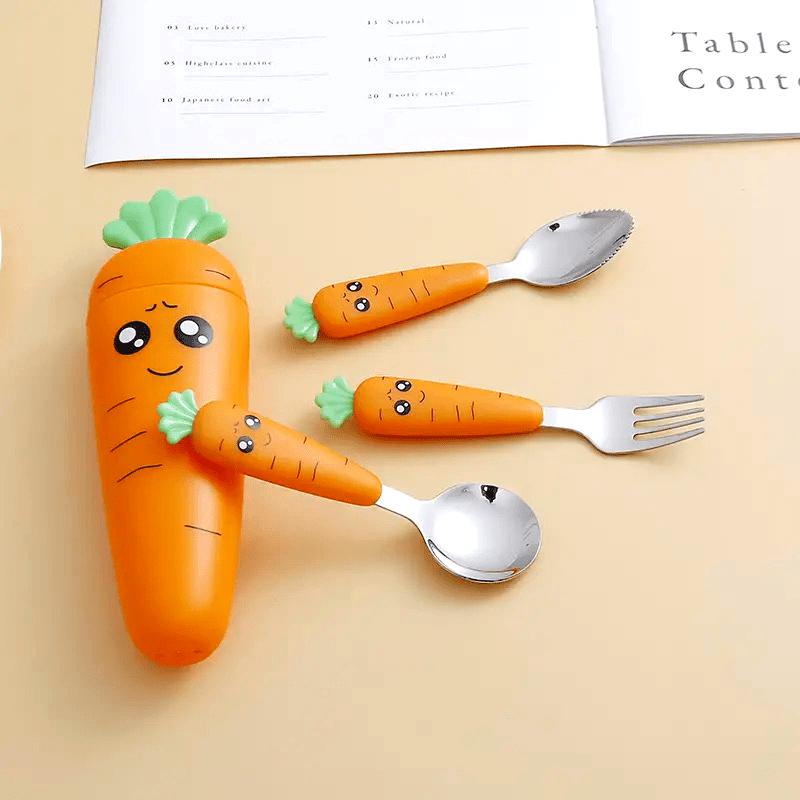 Edelstahl Kinder Karotten Utensil Gabel Löffel mit Karottenförmigem Griff Tragbares Geschirr Geeignet für Brotdose Picknick Reisen