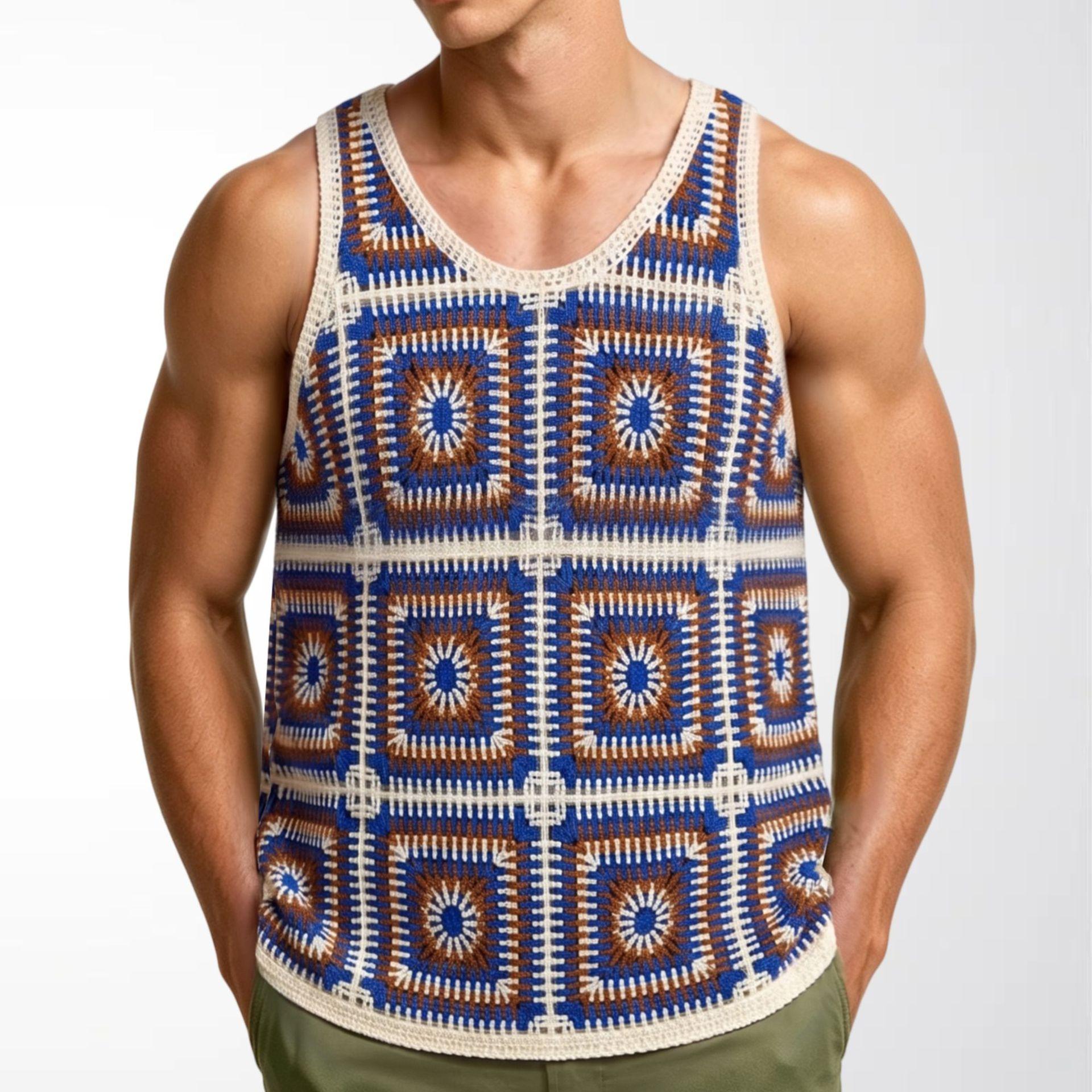 

Men s Sleeveless Tank Tops Knitted Hollow Out Crochet T-Shirts Muscle Summer Vacation Beach Shirts Casual Athletic Muscle Pullover Vest Top for Male M сапфировый