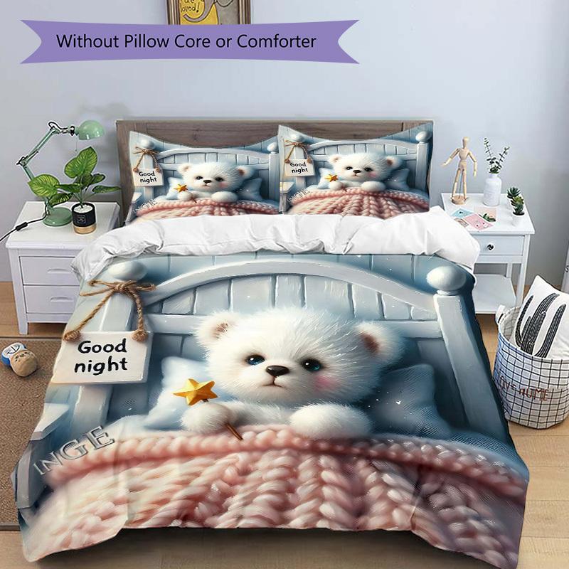 3pcs Anime Cartoon Teddy Bear Bedding Set - Includes One Quilt Cover and Two Pillowcases (No Core) - Perfect for Bedroom and Guest Room Deco