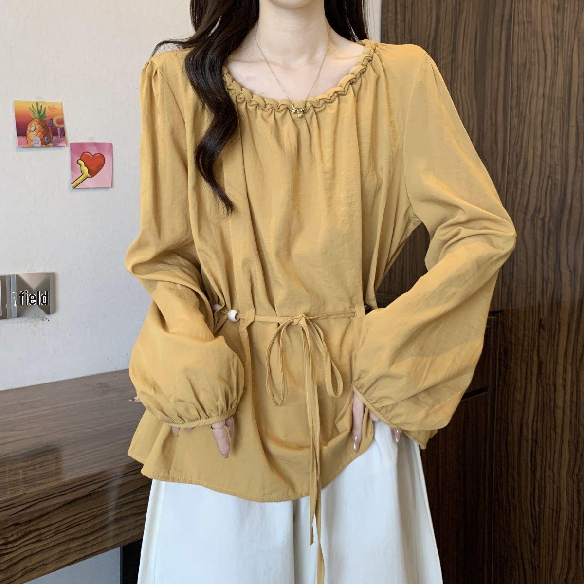 Plus Size Women s Autumn Long Sleeve Shirt with Slimming Shoulders, Rope Weaving, and Beaded Waist Cinch XL (121-140 jin) жёлтый
