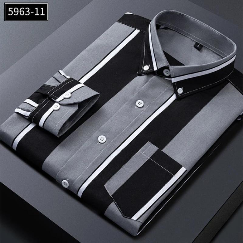 Men's Striped Shirts Formale Casual Printed Plaid Shirt Long Sleeve Slim Fit Botton Down Male Office Business Dress Shirt M-5XL