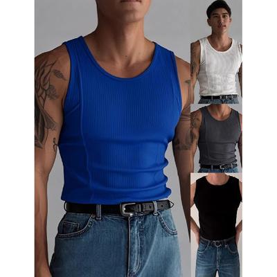 Summer Knitted Vertical Bar Fitness Sports Leisure Slim Fit Tank Top For Men Sleeveless Wide Shoulder Tank Top For Men