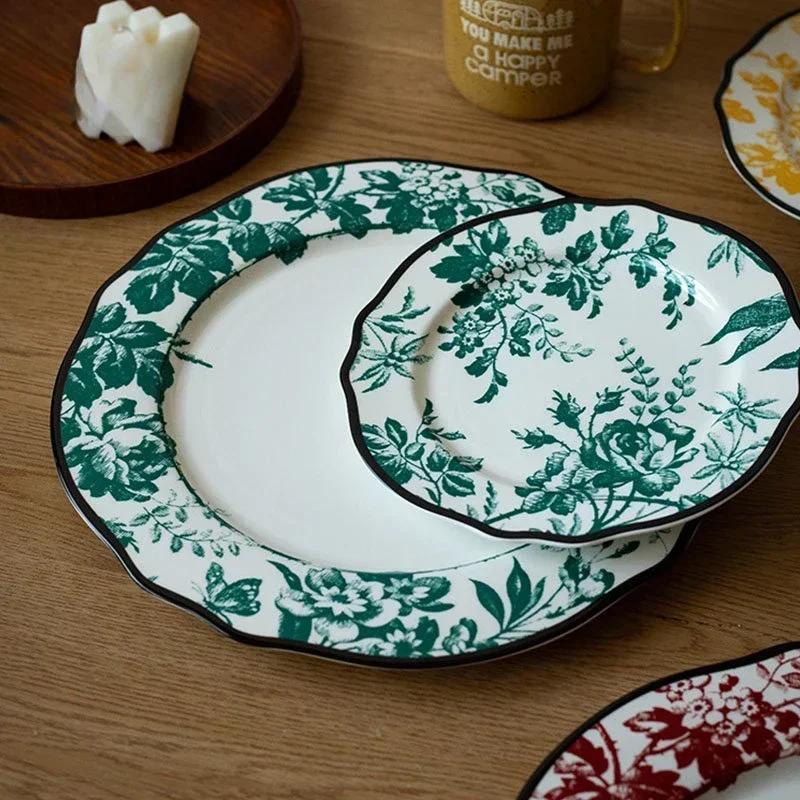 Keramikteller im europäischen Stil, Vintage, üppiger Blumendruck, westliches Essen, Speiseteller, Nachmittagstee, Dessertteller, Geschirr