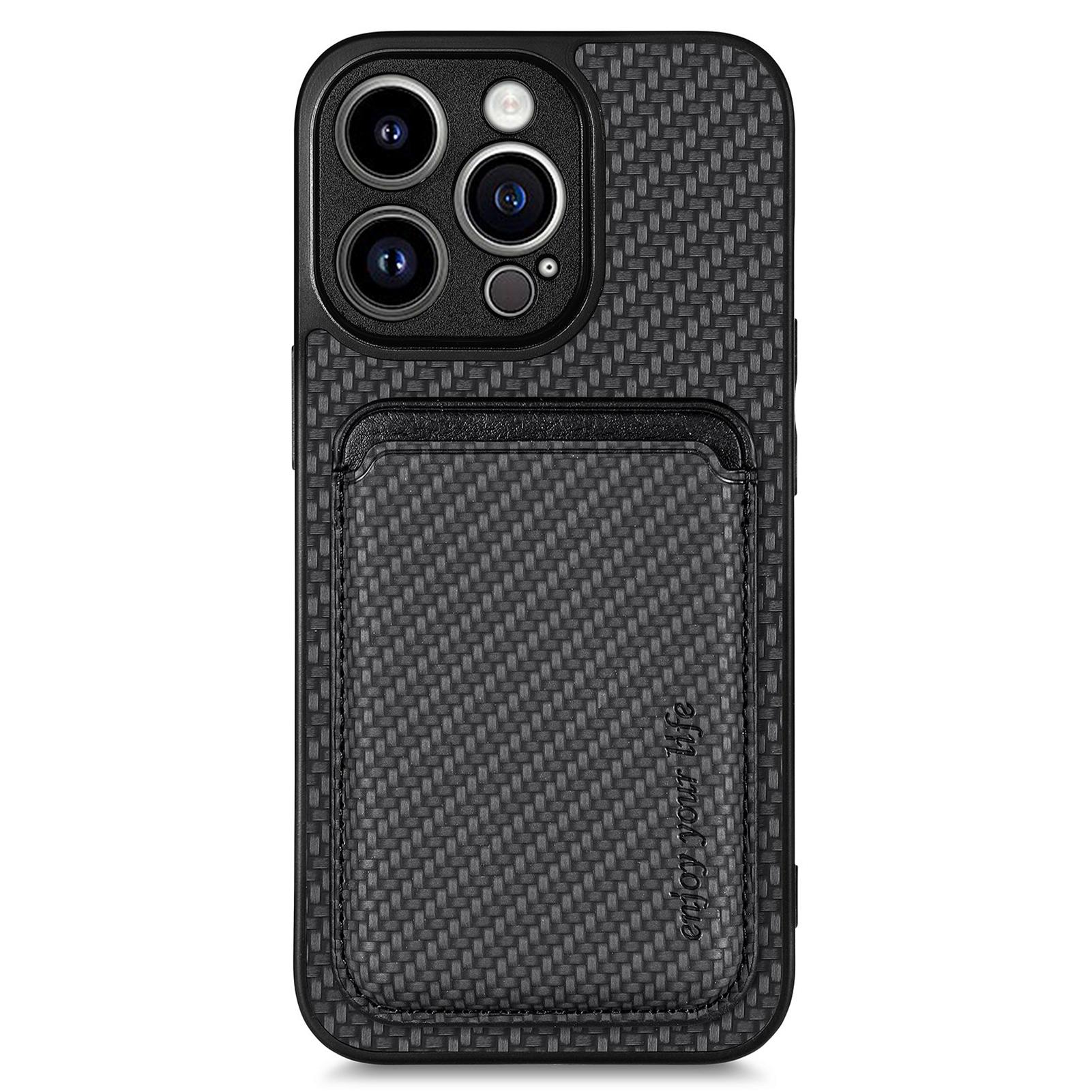 

Detachable Phone Cover for iPhone 15 Pro Max,Magnetic Card Holder Carbon Fiber Leather+PC+TPU Case Black