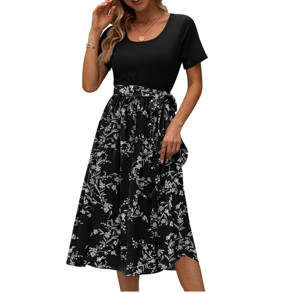 Midikleider Damen Blumendruck Patchworkkleid Kurzarm Rundhals Bequemes Alltagspartykleid