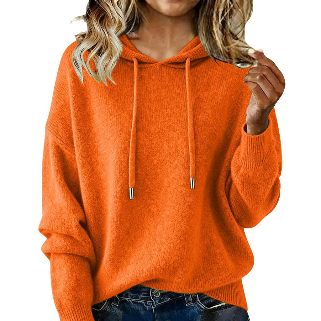 Women S Loose Fit Hooded Knit Pullover Sweater Long Sleeve Solid Color