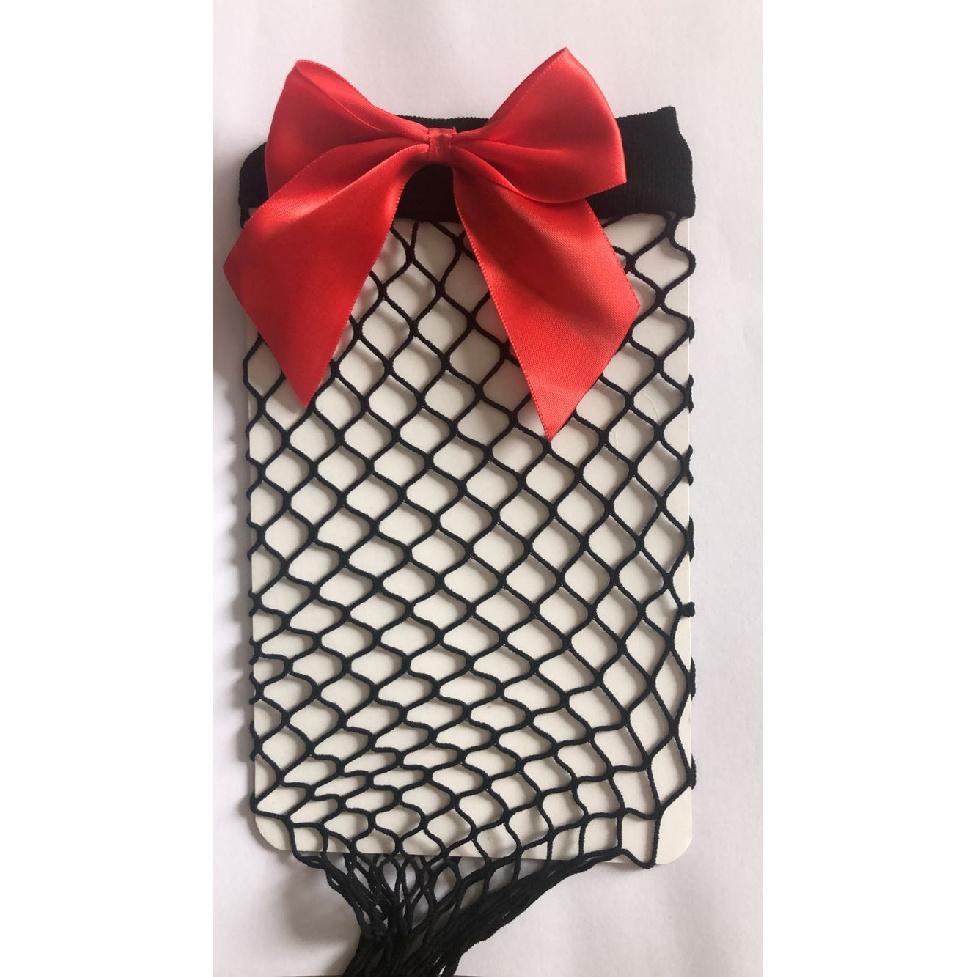 Bowknot fishnet stockings with hollowed-out large mesh, black silk, contrasting color long tube fishnet stockings paired with thigh-high stockings