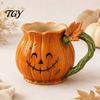 Pumpkin Coffee Mug Smiling Face with Vine Handle And Leaf Design, Resin Spooky Holiday Gift Cup, Creative Water Cup for Halloween Home