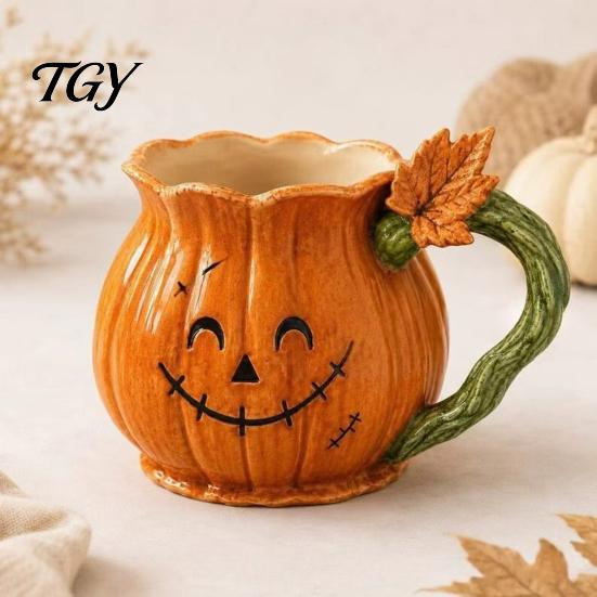 Pumpkin Coffee Mug Smiling Face with Vine Handle And Leaf Design, Resin Spooky Holiday Gift Cup, Creative Water Cup for Halloween Home