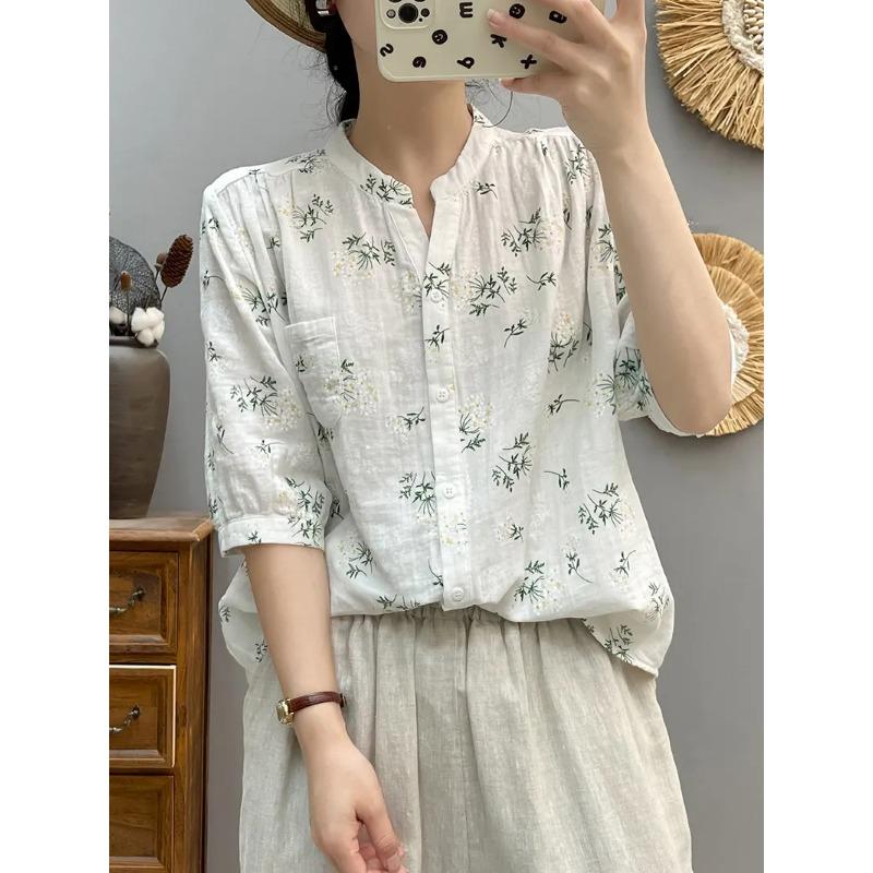 Women Floral Print Short Sleeve Blouse Casual V Neck Button Down Shirt M зелёный
