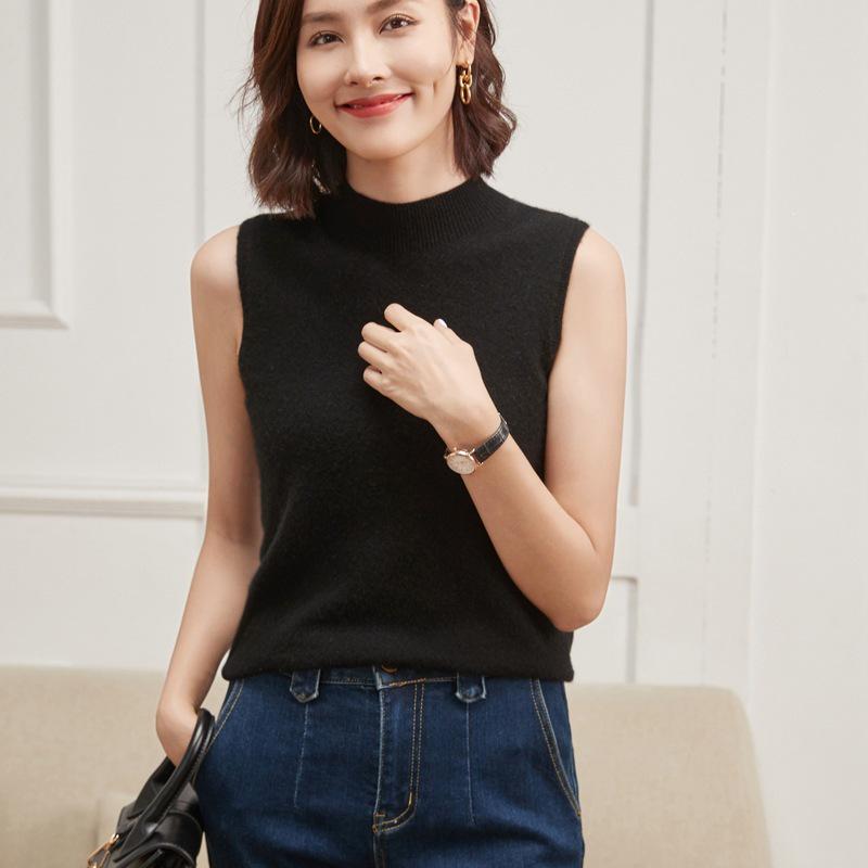 Women's Cashmere Sleeveless Vest - Autumn/Winter, Half-High Collar, Solid Color, Seamless Knit Pullover