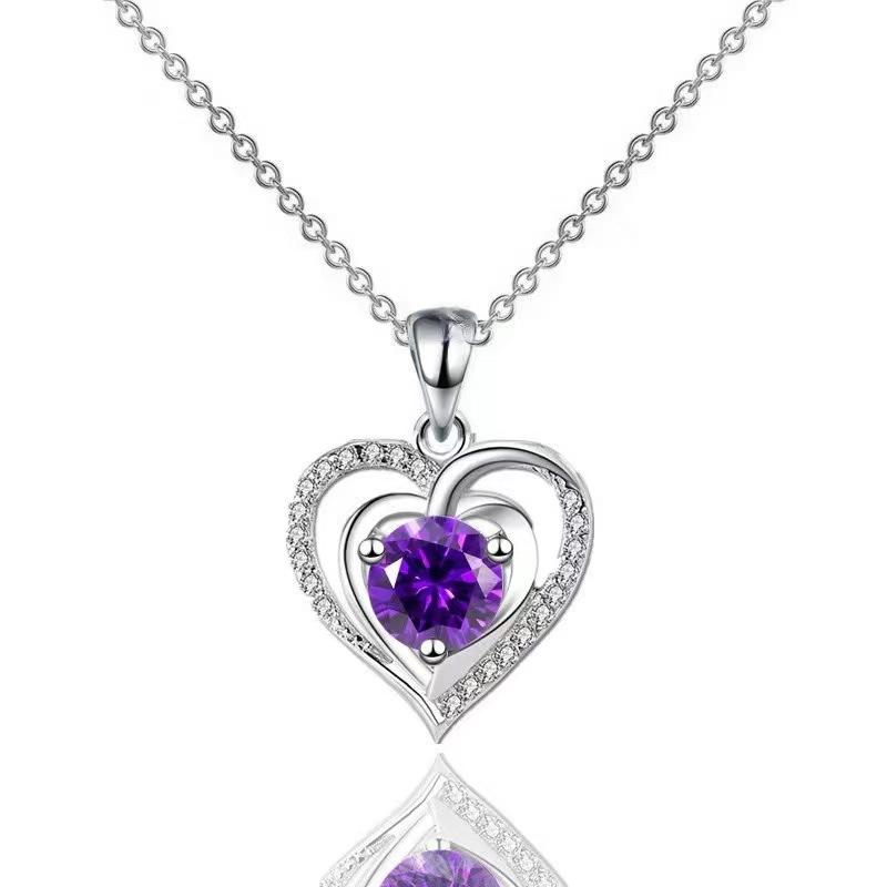 Purple Love Necklace Women'S Light Luxury Versatile Micro-Inlaid Zircon Heart-Shaped Clavicle Chain
